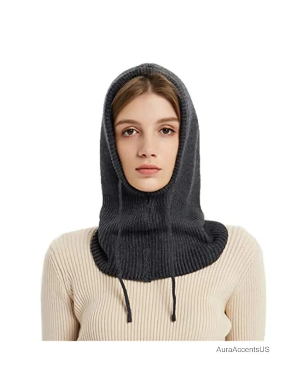 Warm Knitted One Piece Hat and Scarf Hoodie with Drawstring for Winter Outdoor